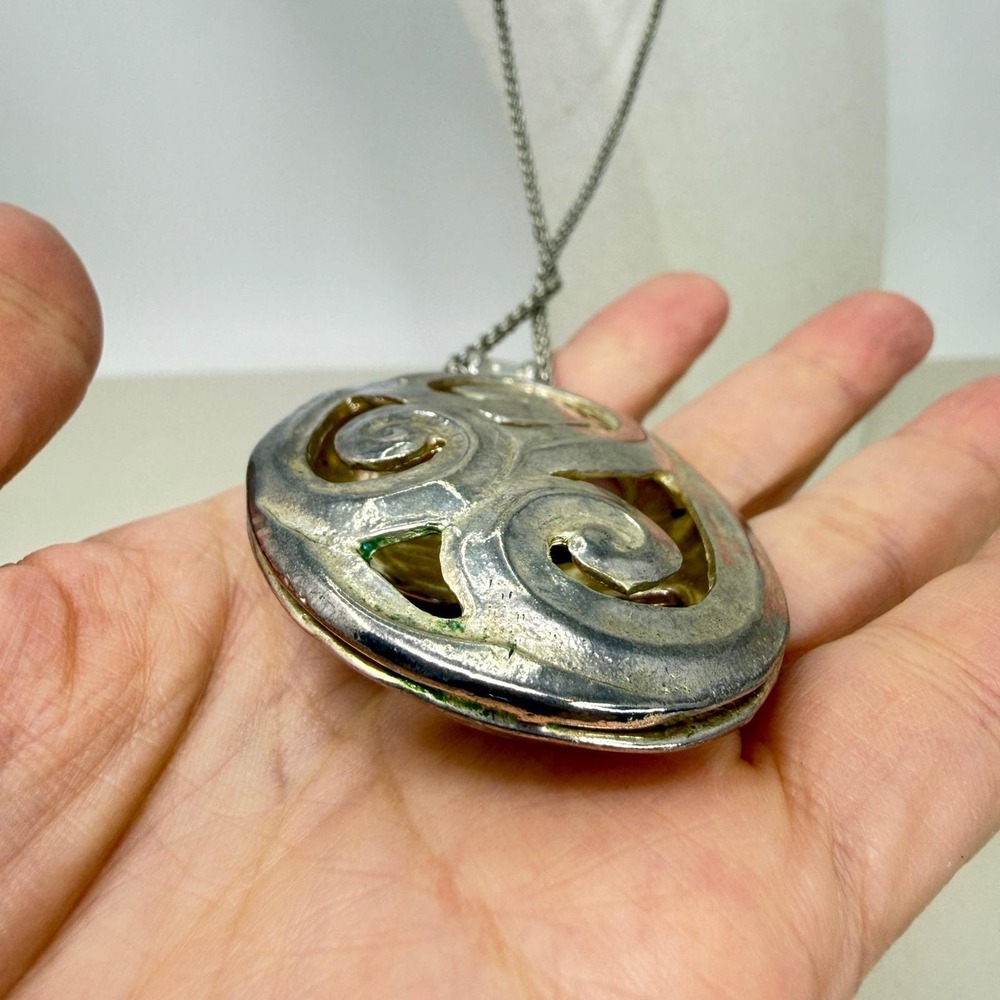 Oval Filigree Scroll Pendant Necklace Bold Statement Long Length Silver Tone - Picture 6 of 8